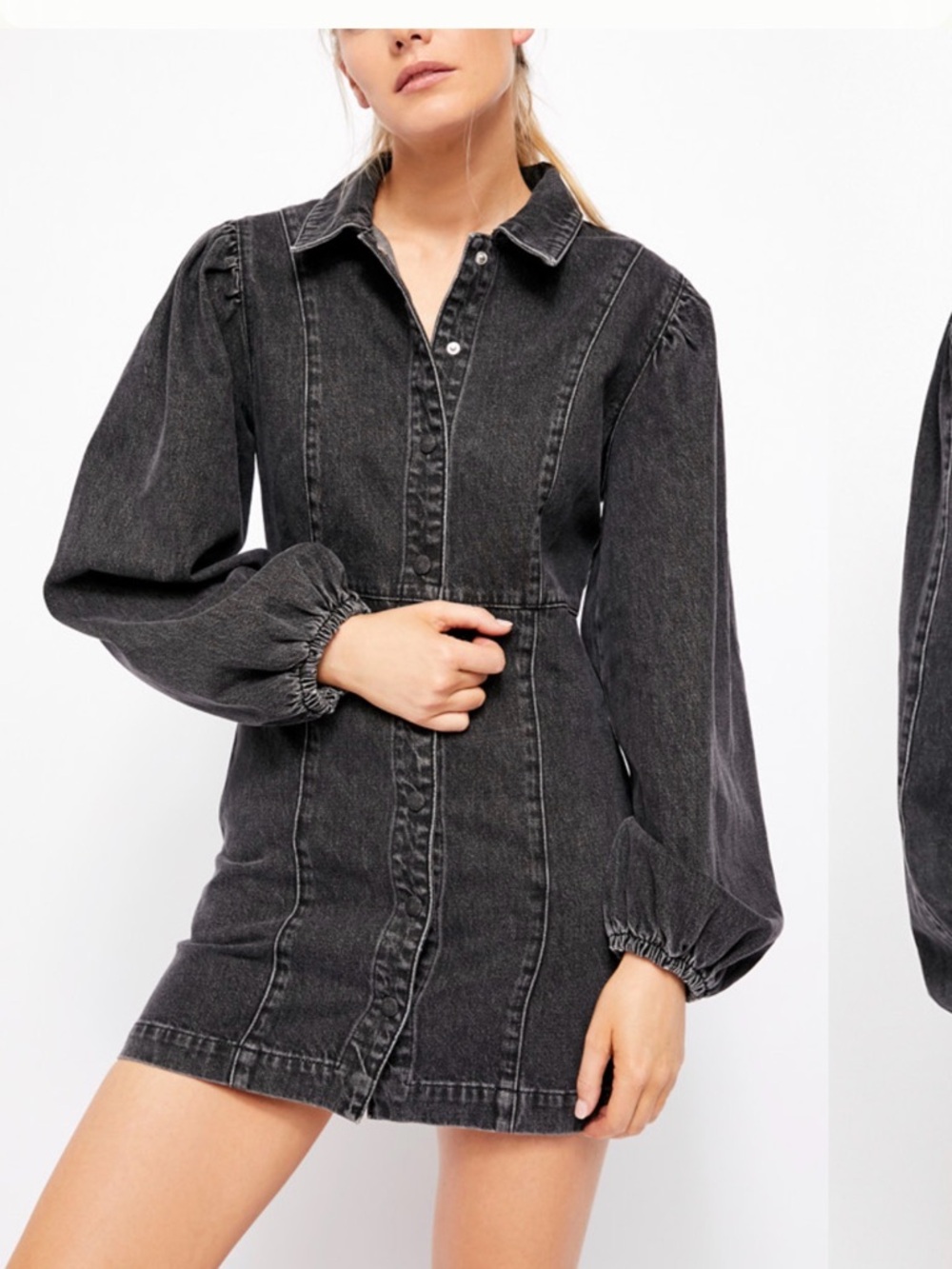 Free People Black Denim Mini Dress Puff Sleeve Snap Front Shirt Dress Sz Medium - Picture 1 of 12